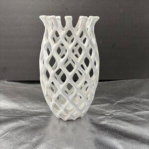 Lattice Design Vase White Ceramic Oen Weave 12” Tall Boho‎ Hippie Cottagecore